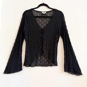 London Rose Black Sheer Tie Front Bell Sleeve Top Sz L Whimsigoth Fairy Grunge
